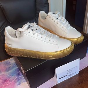 Gold+White Greca Versace Calf Leather Sneakers